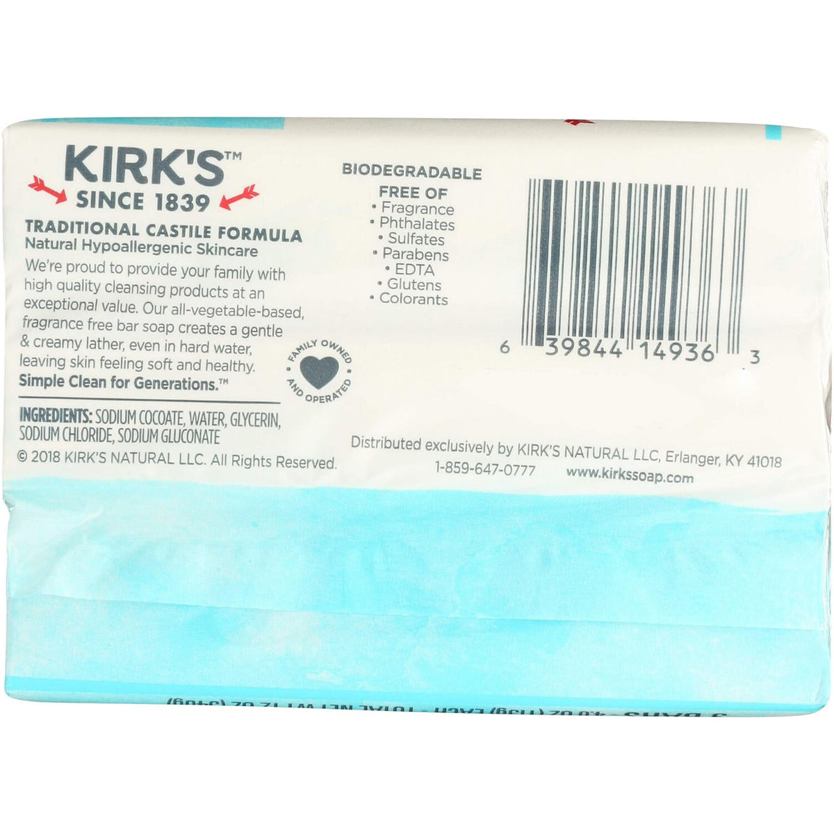 Kirk's Gentile Castile Bar Soap, Fragrance Free, 3 Pack - 4.0 Ounces