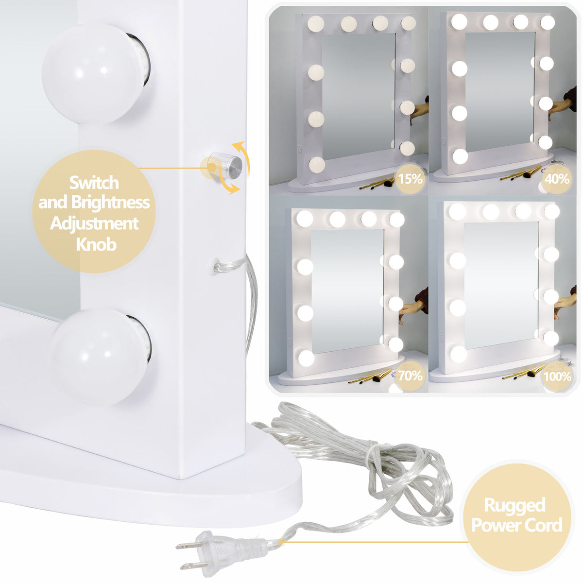Wall Mounted Hollywood Makeup Vanity Mirror with Dimmable LED Lights