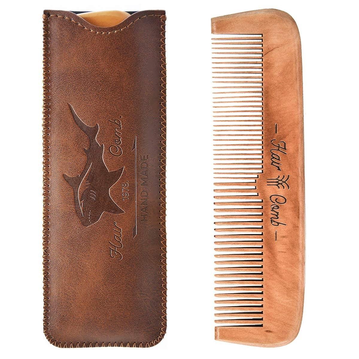 Wooden Hair Comb for Men with Leather Travel Case - Beard & Grooming Tool