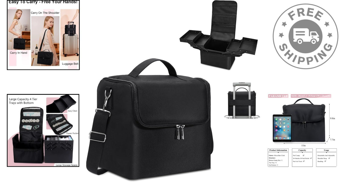 4-Tier Black Makeup Carrying Case with Detachable Shoulder Strap