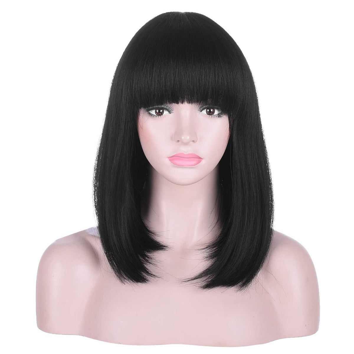 Black Bob Wigs with Bangs - Straight Blunt Cut Shoulder Length Short Wig for Women