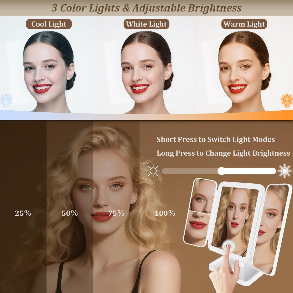 Rechargeable Tri-Fold LED Makeup Mirror with 3X Magnification & Lights