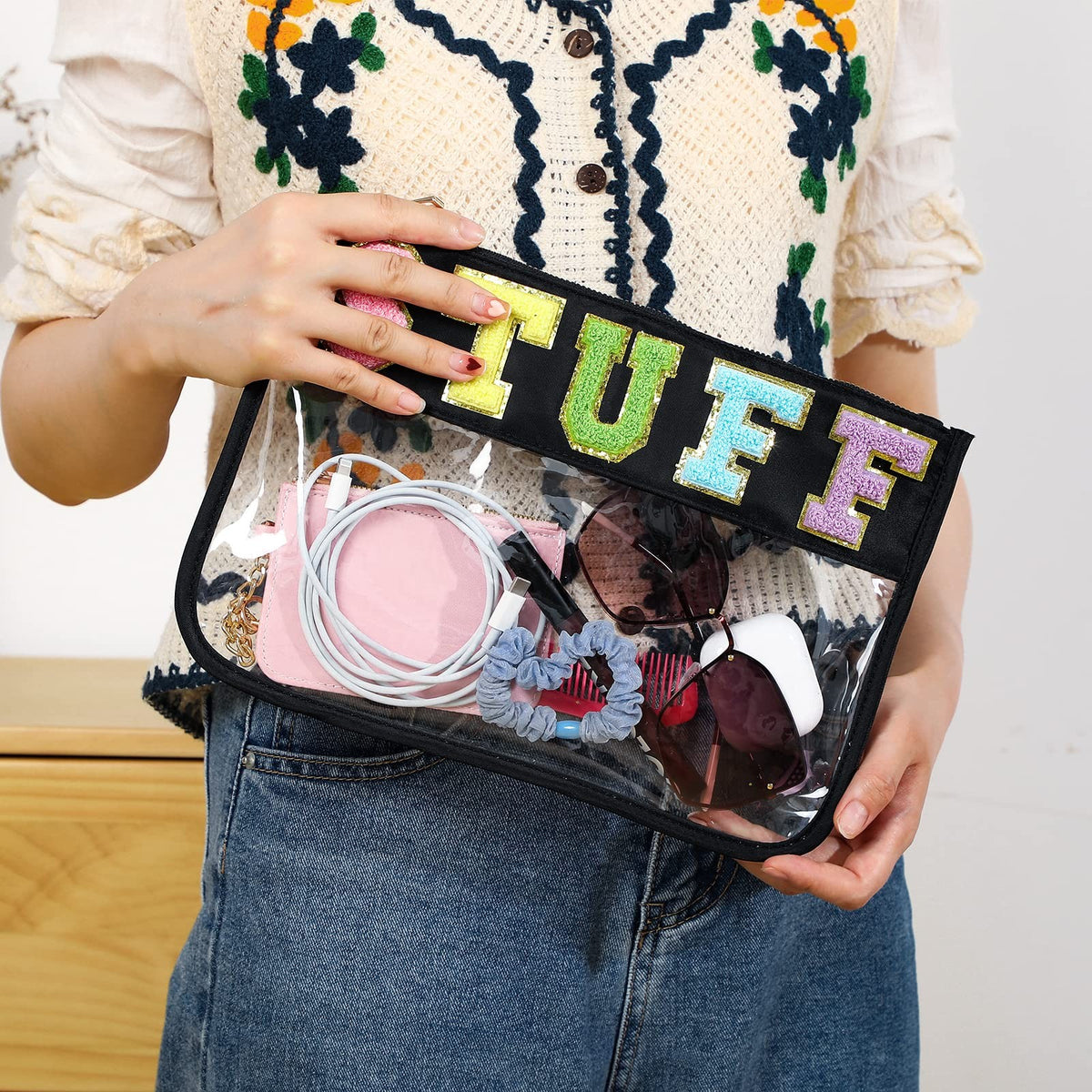 Clear Zipper Travel Cosmetic Bag Nylon Pouch 11.8x8.2 Inch with Chenille Letter Patches