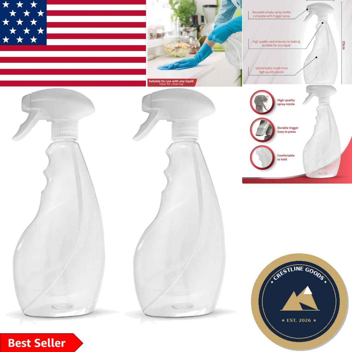 Leak-Proof 17oz Clear Spray Bottle Set for Cleaning Solutions & Plants