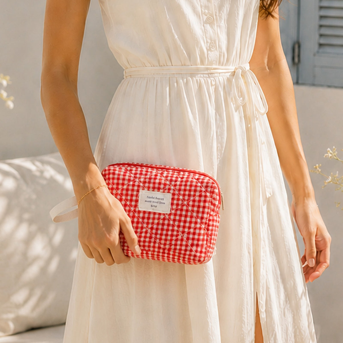 Medium Red Gingham Quilted Cosmetic Bag for Women - Travel Toiletry Organizer