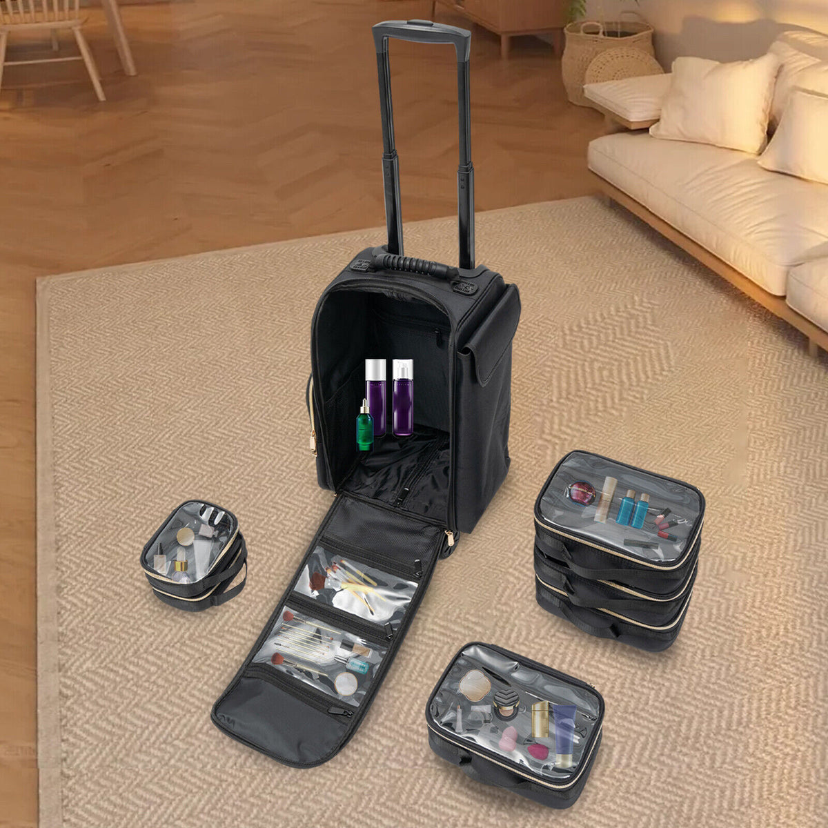 Professional Rolling Makeup Case with Organizer, Travel Cosmetic Storage