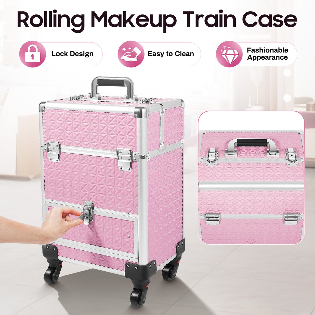 Pink Rolling Makeup Train Case with 7 Compartments and Lockable Drawers