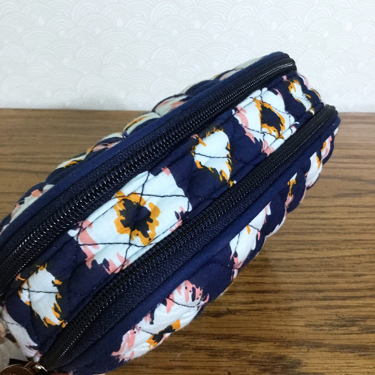 Travel Cosmetic Bag with Double Zipper Navy Blue Ikat Pattern 7-Inch Organizer