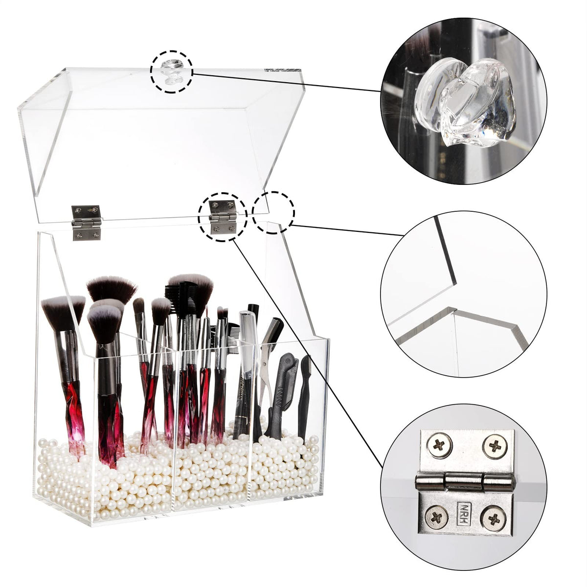 Acrylic Makeup Brush Holder with Dustproof Lid & White Pearls, Large Organizer