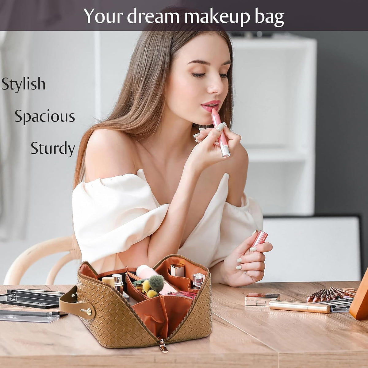Travel Makeup Bag Large Capacity Waterproof Leather Organizer for Women