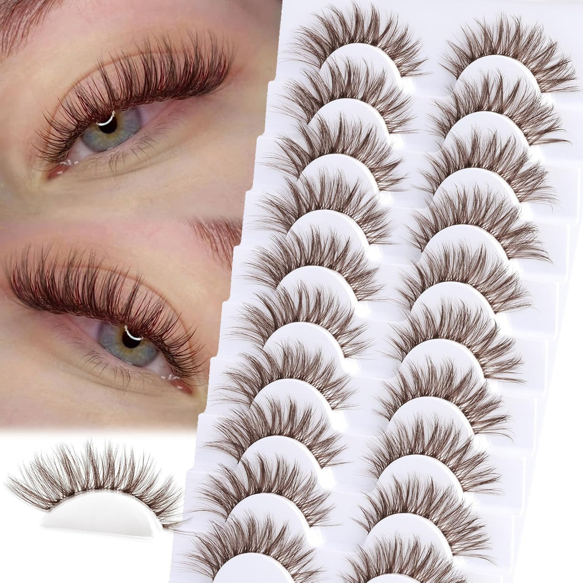 Brown False Eyelashes Wispy Cat Eye C-Curly Natural Look Reusable Strip Lashes