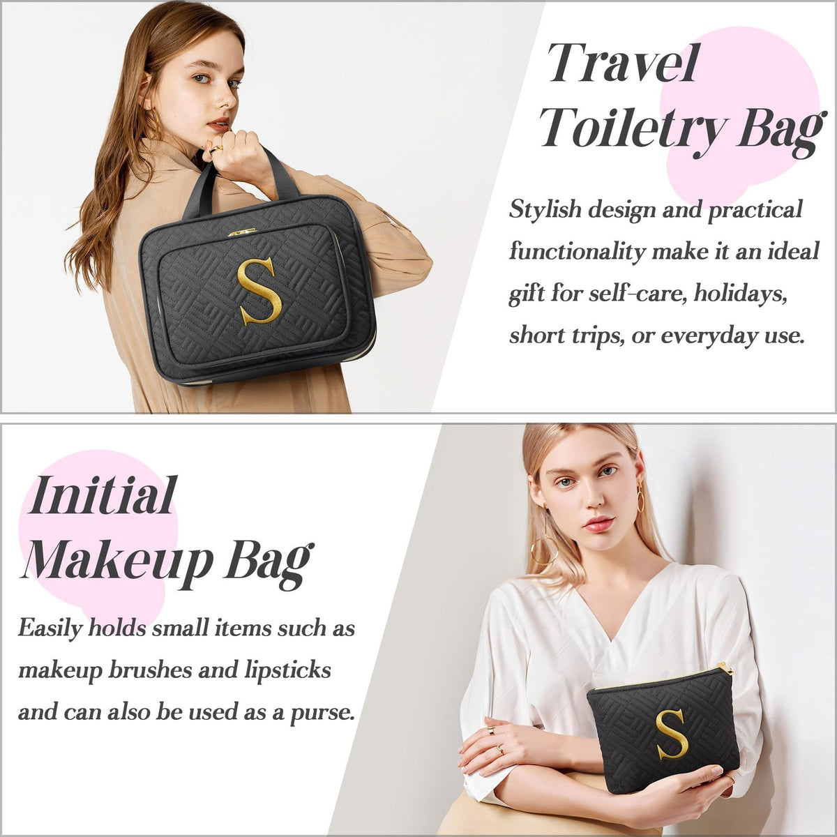 Personalized Hanging Makeup Bag with Initials Travel Toiletry Organizer