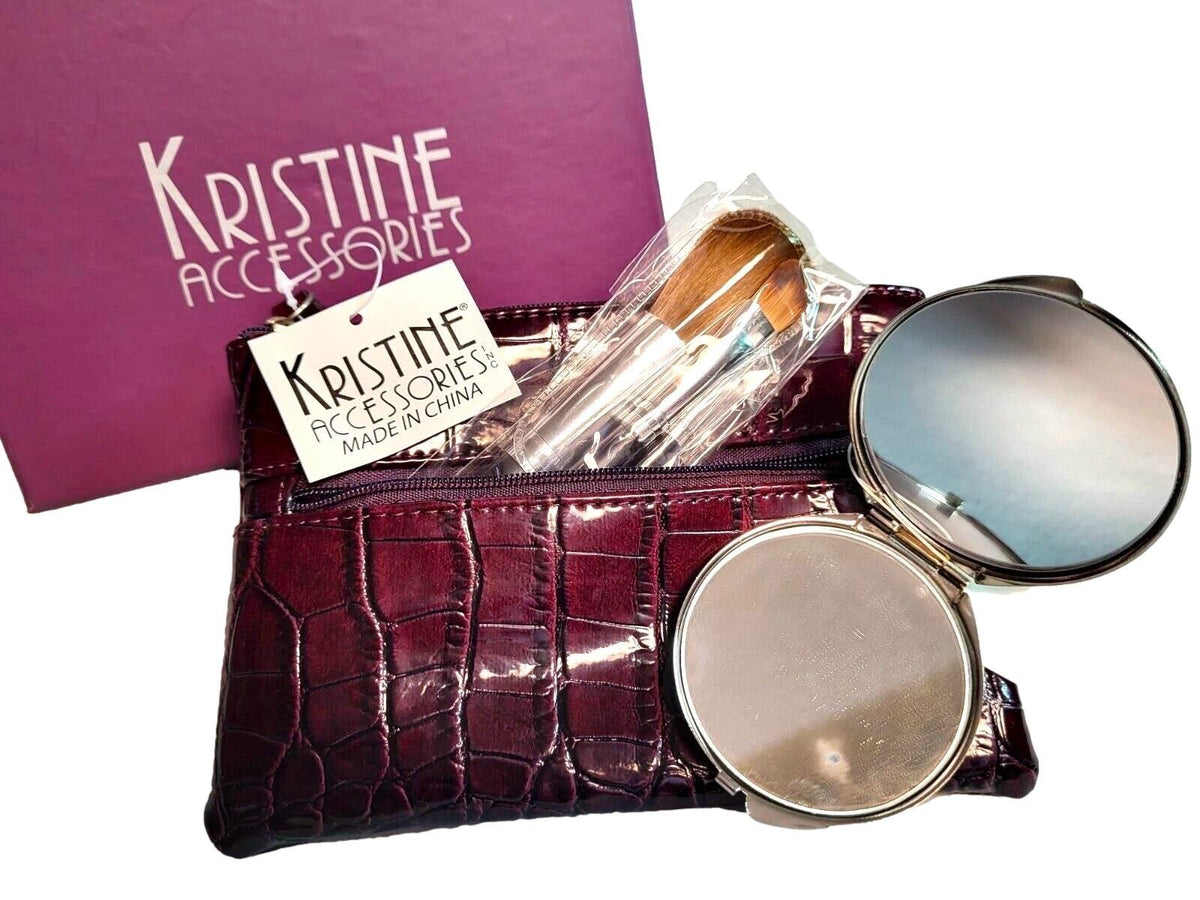 Travel Makeup Brush Set with Compact Mirror in Faux Leather Bag