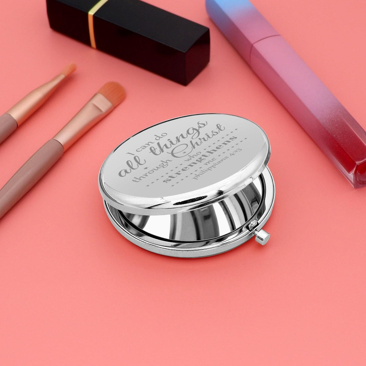 Christian Encouragement Compact Makeup Mirror with Bible Verse - Silver