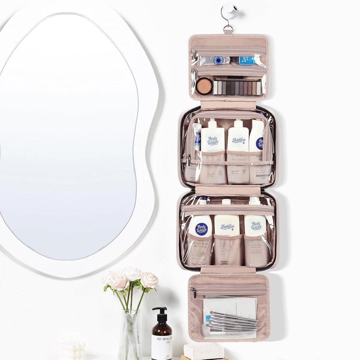 Travel Organizer Bag with Compartments for Toiletries and Makeup - Pink