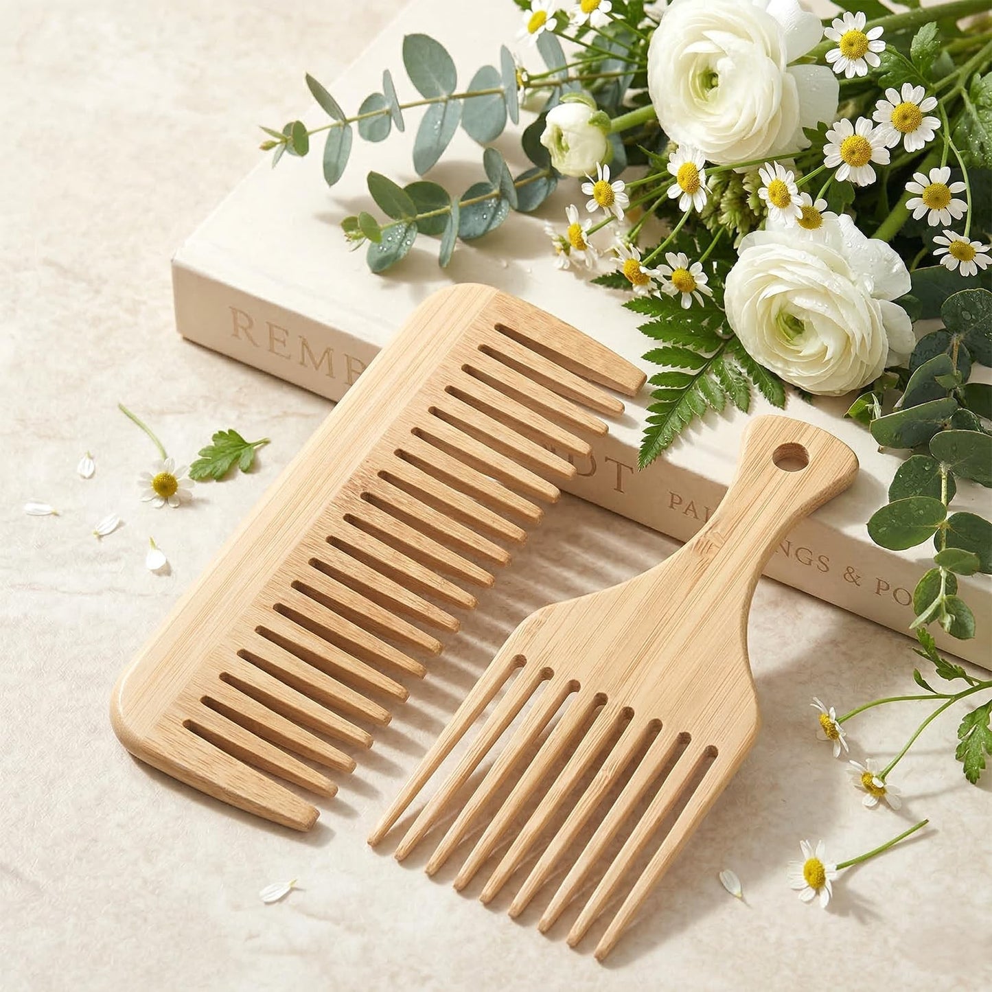 Bamboo Hair Pick & Wide Tooth Comb Set - Eco-Friendly Wooden Detangling Tools