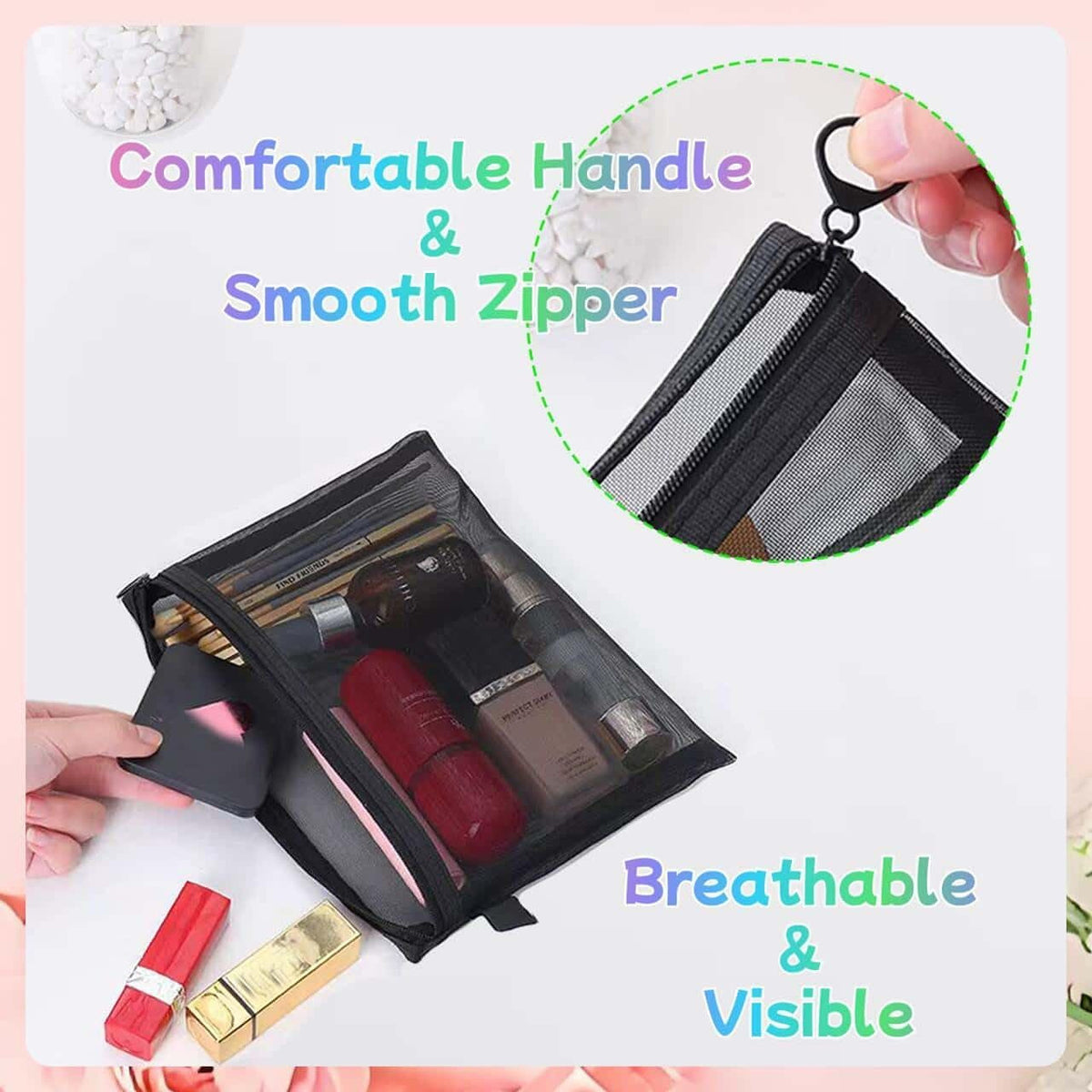 Small Mesh Zipper Pouch Bags Set - Travel Organizer, Cosmetic Storage