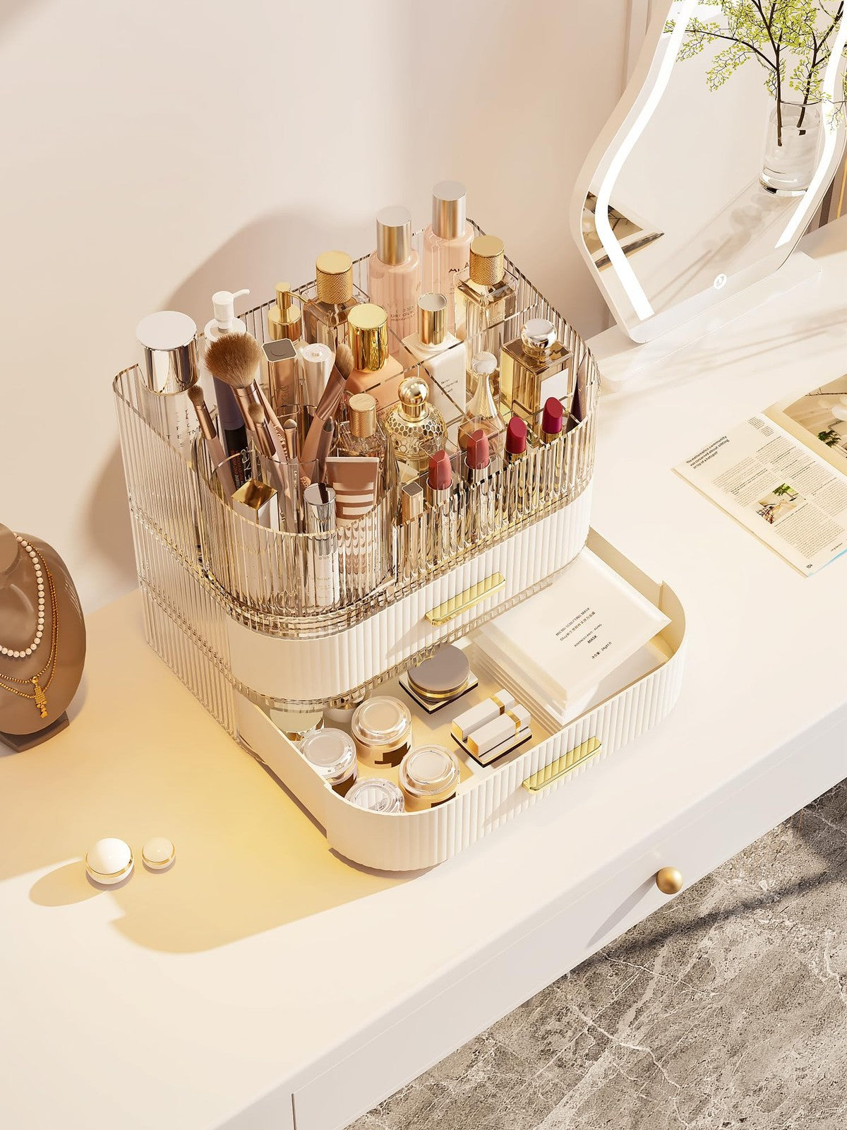Stackable Makeup Organizer with Rotating Brush Holder and Large Display Case