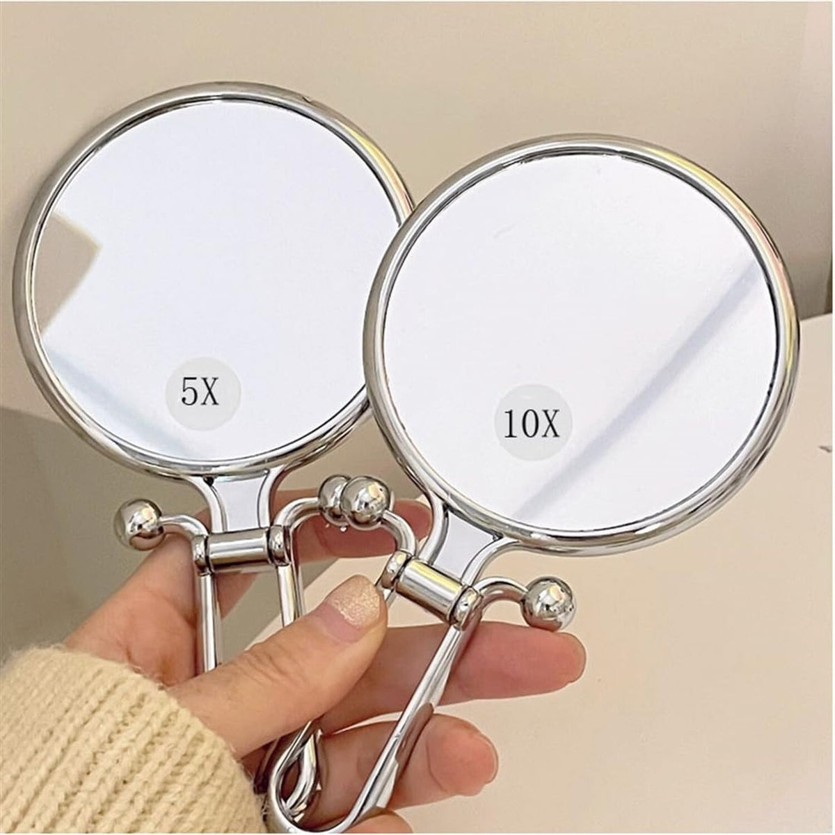 5X Magnifying Handheld Travel Mirror with Handle – Double-Sided, Adjustable Rotation