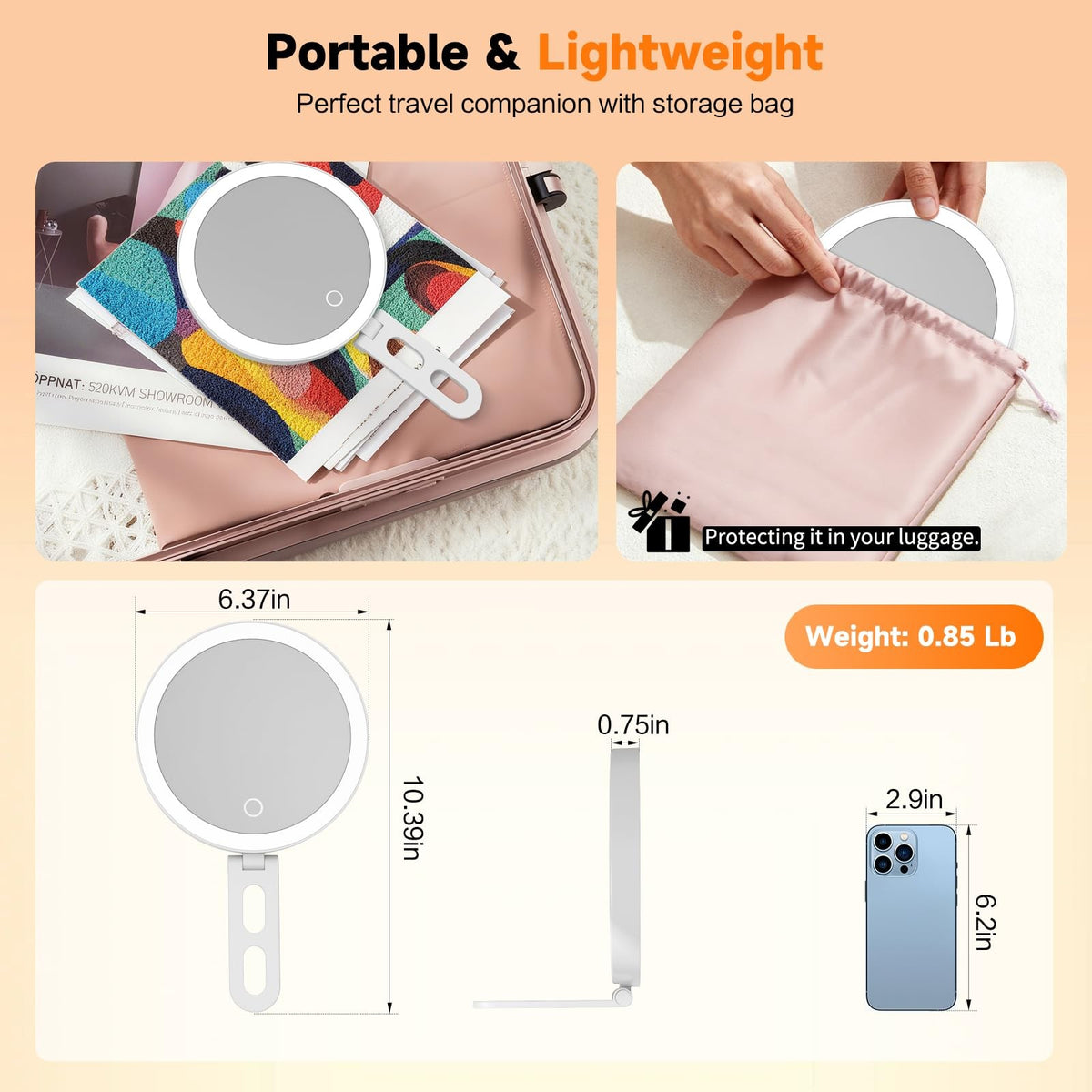 Travel Lighted Makeup Mirror with 10X Magnification and 3 Color LED Lights - Portable 4-in-1 Design