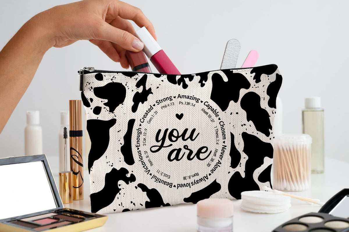 Western Cow Print Makeup Bag - Cow Gifts for Women, Christian Inspirational
