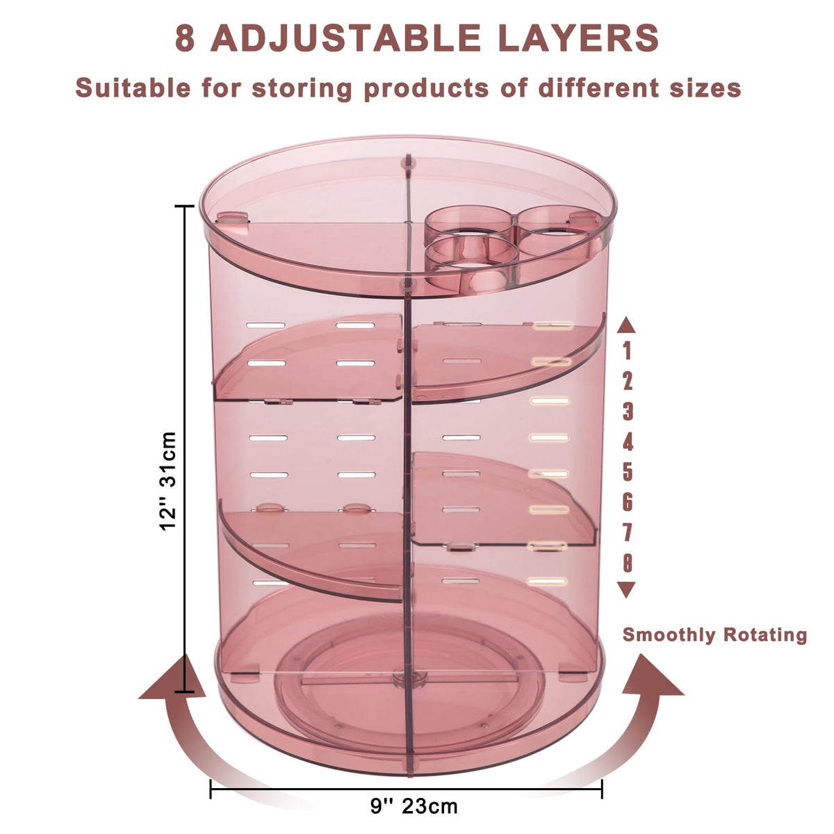 Rotating Makeup Organizer with Adjustable Layers and Silent Spin - Pink