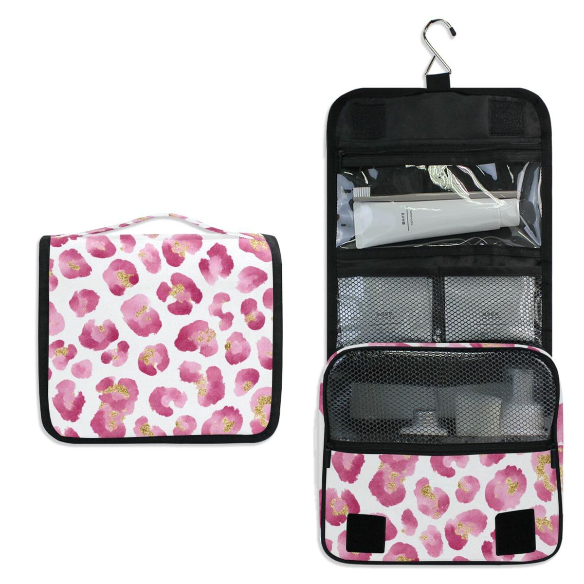 Pink Leopard Hanging Toiletry Makeup Bag - Travel Organizer with Water-Resistant Nylon