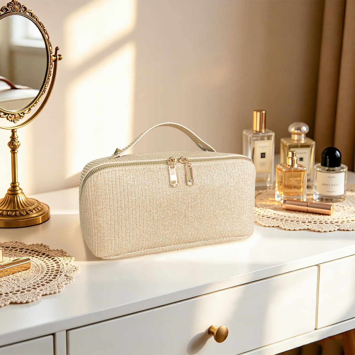 Travel Makeup Bag with Compartments Flat Open Cosmetic Pouch for Women