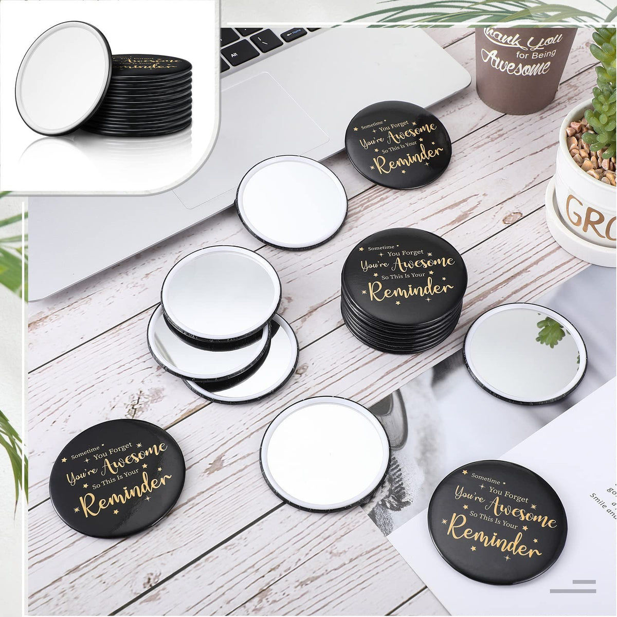 48 Pack Small Round Pocket Mirrors - Inspirational Compact Makeup & Personal Motivation
