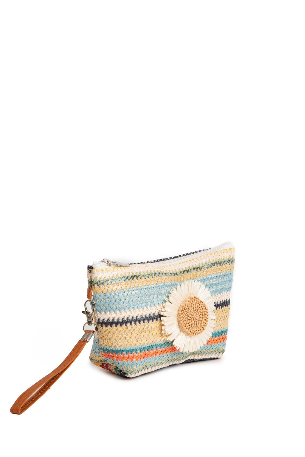 Large Travel Pouch with Multi-Colored Stripes and Daisy Pattern, Zipper Closure
