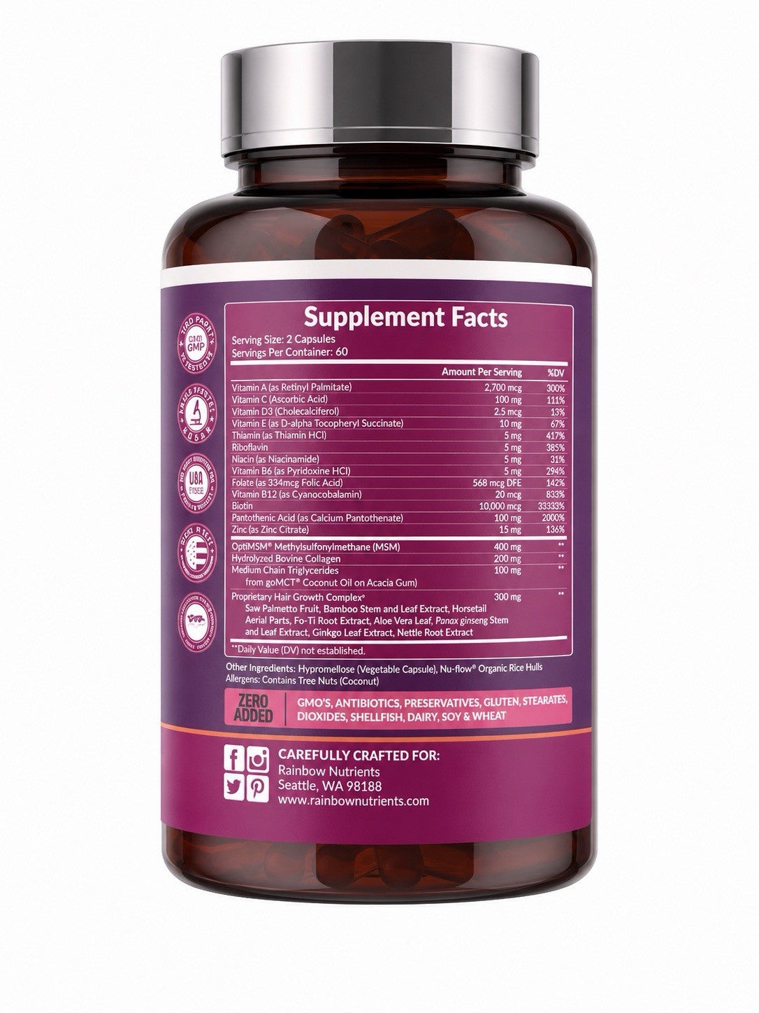 Rainbow Nutrients Advanced Hair Growth Biotin 10,000mcg Collagen 120