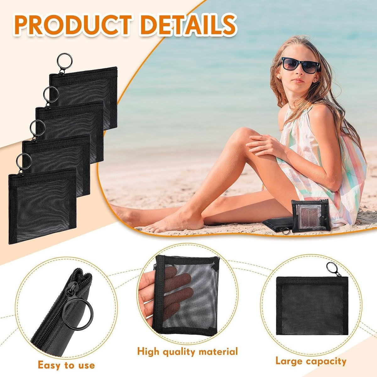 Black Nylon Zipper Pouches 5x4 Inches Mini Mesh Bags for Makeup Keys & More