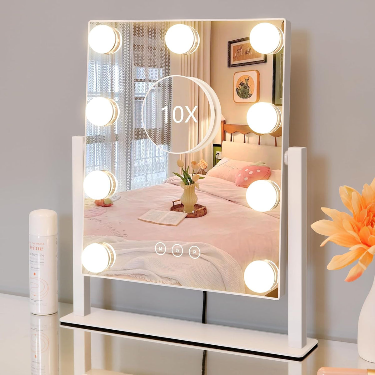 Lighted Vanity Mirror with Dimmable LED Bulbs & 10X Magnifier, Adjustable Brightness & 3 Color Modes
