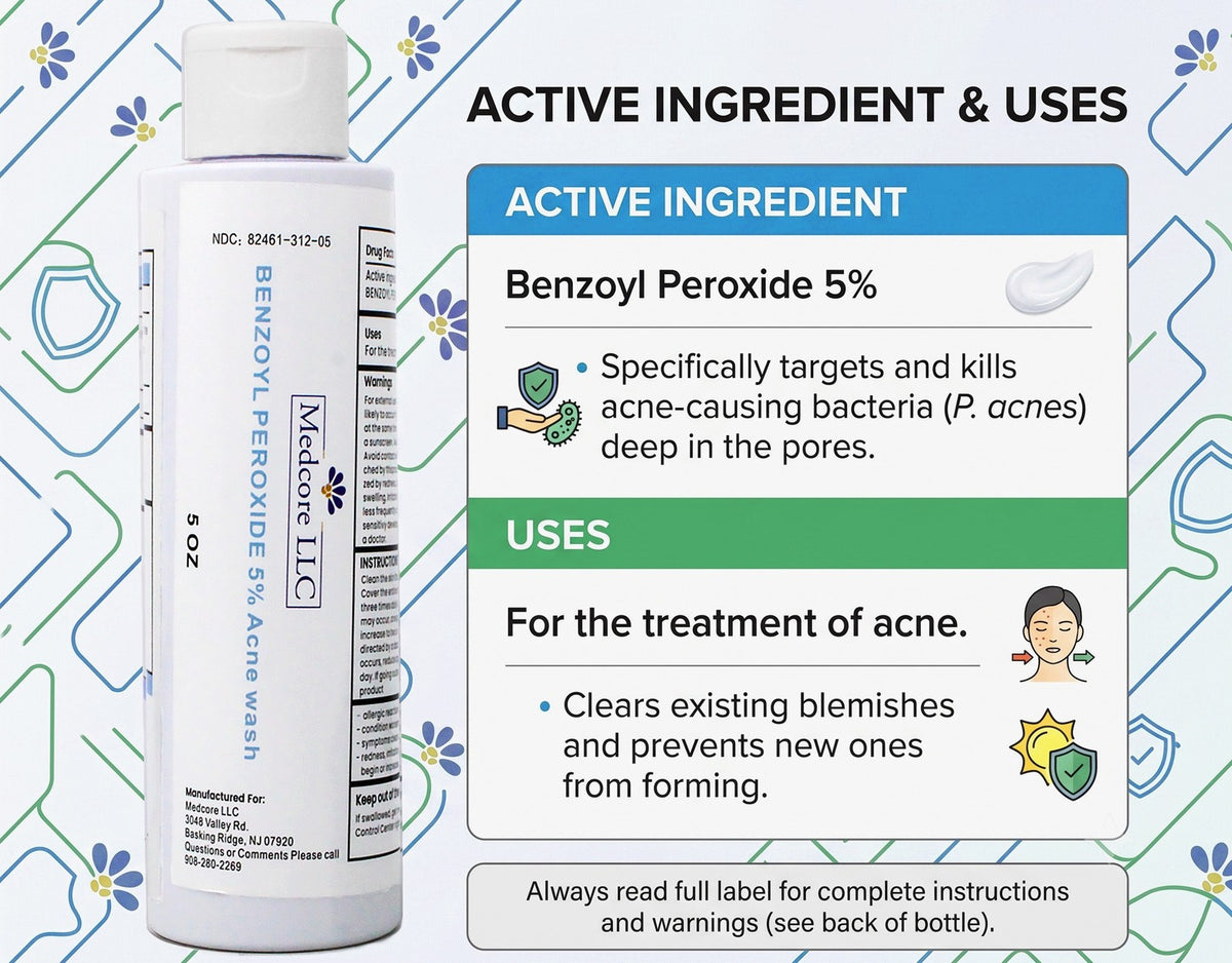 Medcore Benzoyl Peroxide 5% Acne Wash - 5 oz, Pack of 4 for Acne Treatment
