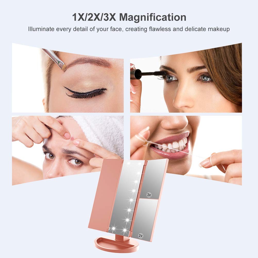 Makeup Mirror with 21 LED Lights, 2X & 3X Magnification, Rose Gold
