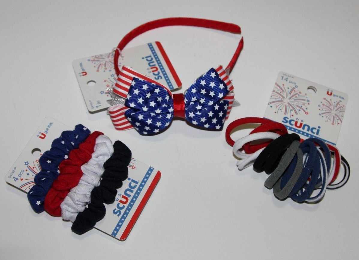 LOT (3) SCUNCI HEADBAND PONYTAIL RED WHITE BLUE FLAG PATRIOTIC HAIR