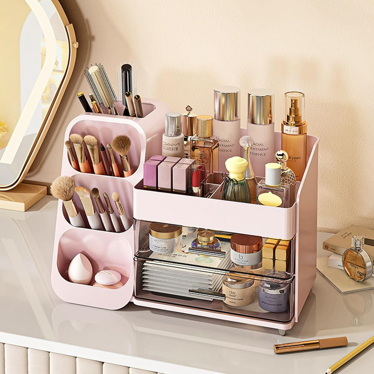 Pink Makeup Organizer with Drawers and Brush Holders for Vanity and Bathroom