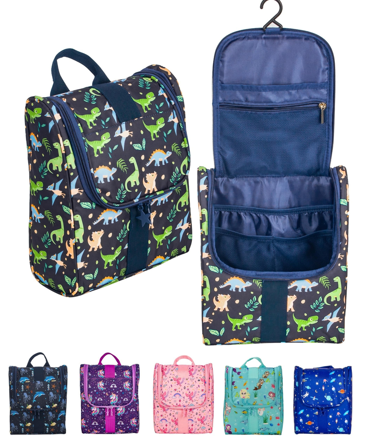 Kids Hanging Toiletry Bag with Dinosaur Pattern - Travel & Shower Organizer