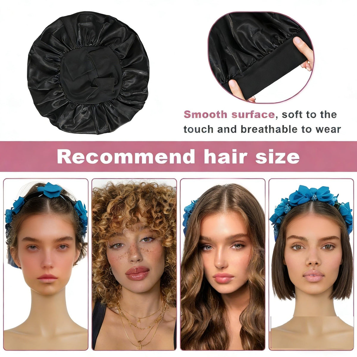 HU ZJKD Silk Bonnet for Men Women Hair Sleeping,High 32cm, Black