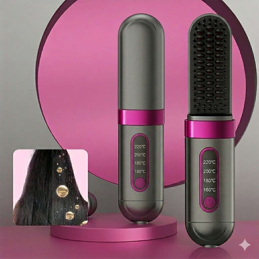 Cordless Hair Straightener Brush with Adjustable Temperature & LCD Display