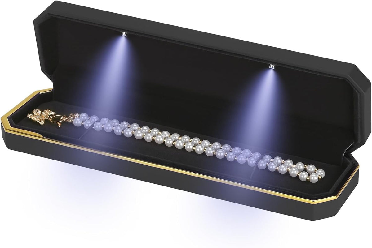 LED Necklace with Long Chain and Lighted Jewelry Box - Black