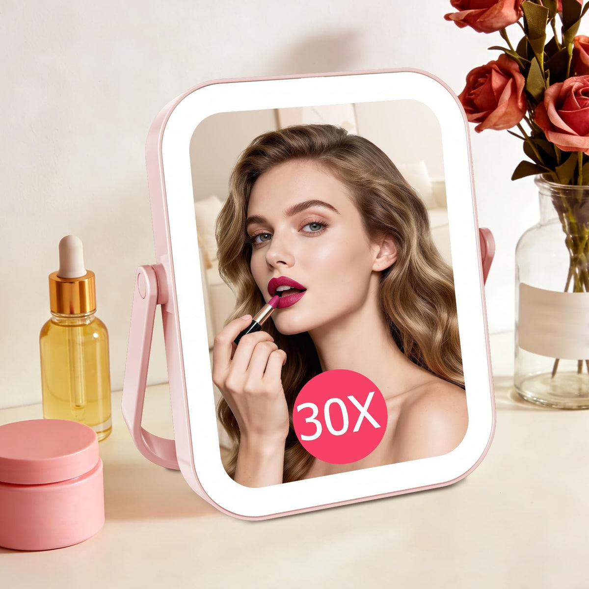 Travel Makeup Mirror with Lights 30X/1X Dimmable Touch Screen Pink Rechargeable Vanity