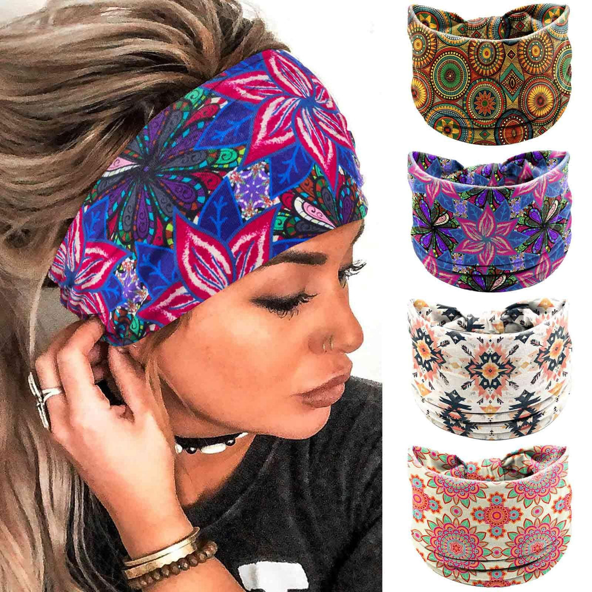 Wide Boho Headbands Floral Stretch Head 1 Count (Pack of 4), Trendy