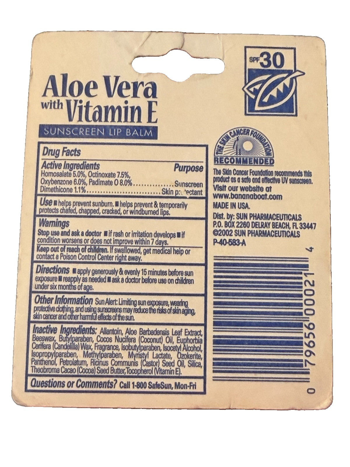 Vintage Banana Boat Aloe Vera Lip Balm with Vitamin E - 0.15oz