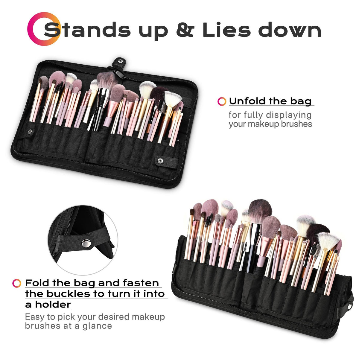 Portable Makeup Brush Organizer Bag with 14 Large & 15 Small Holes Travel Case