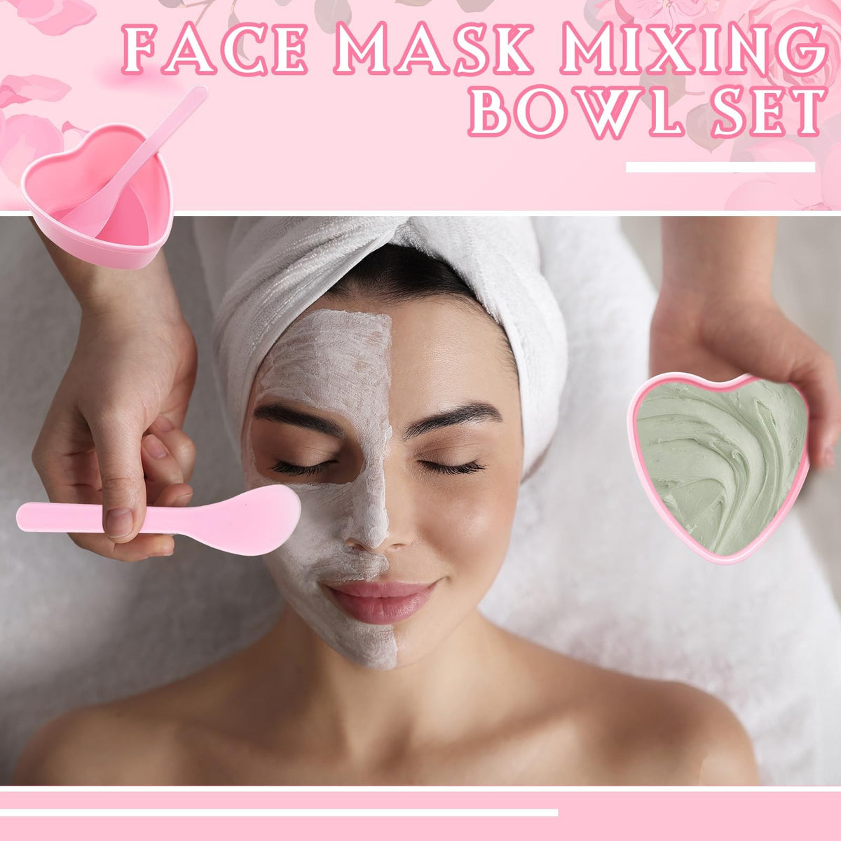 Facial Mask Bowls and Spatula Set - Pink Heart-Shaped 10-Pack for Skincare