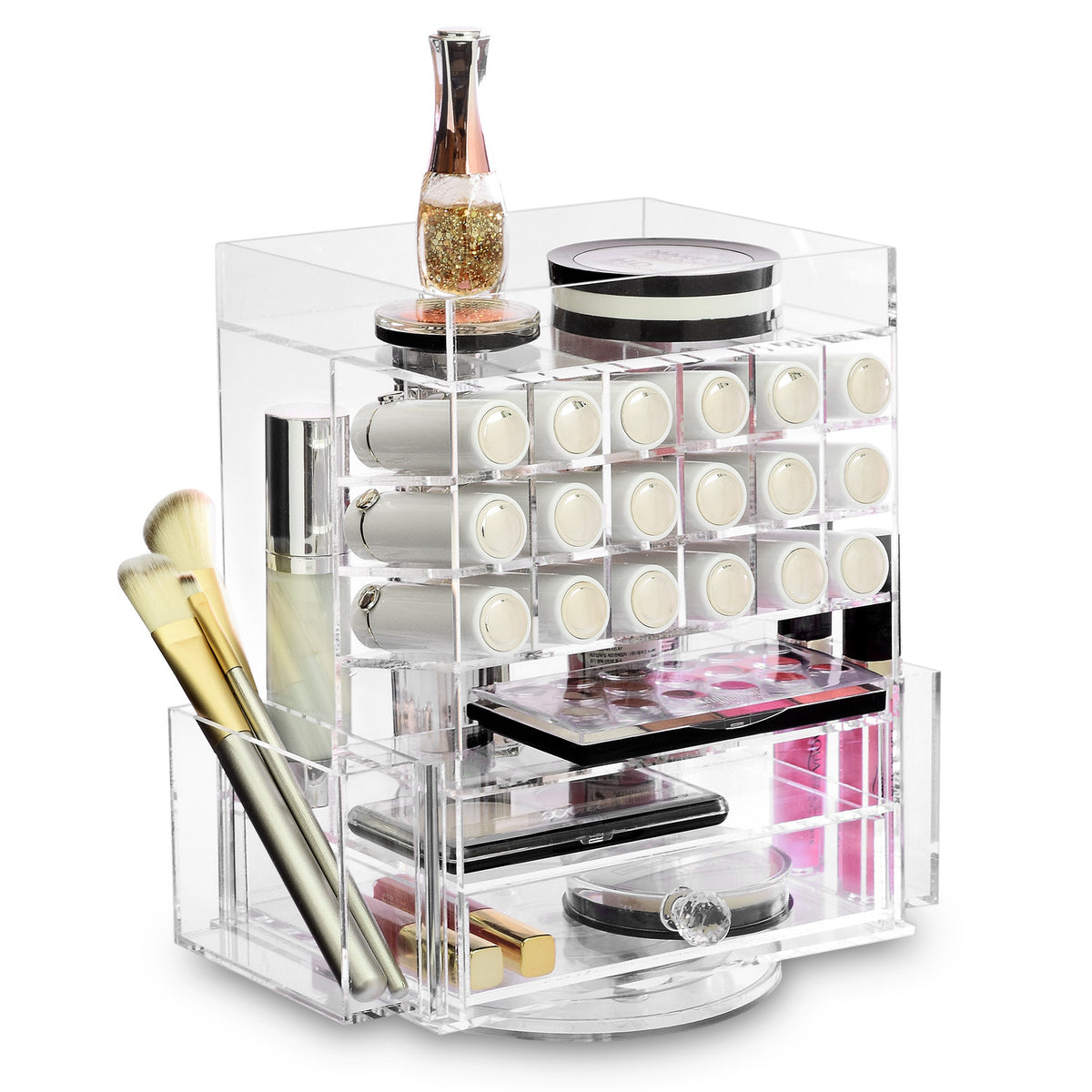 Rotating Acrylic Makeup Organizer with 18 Lipstick Slots & Compartments