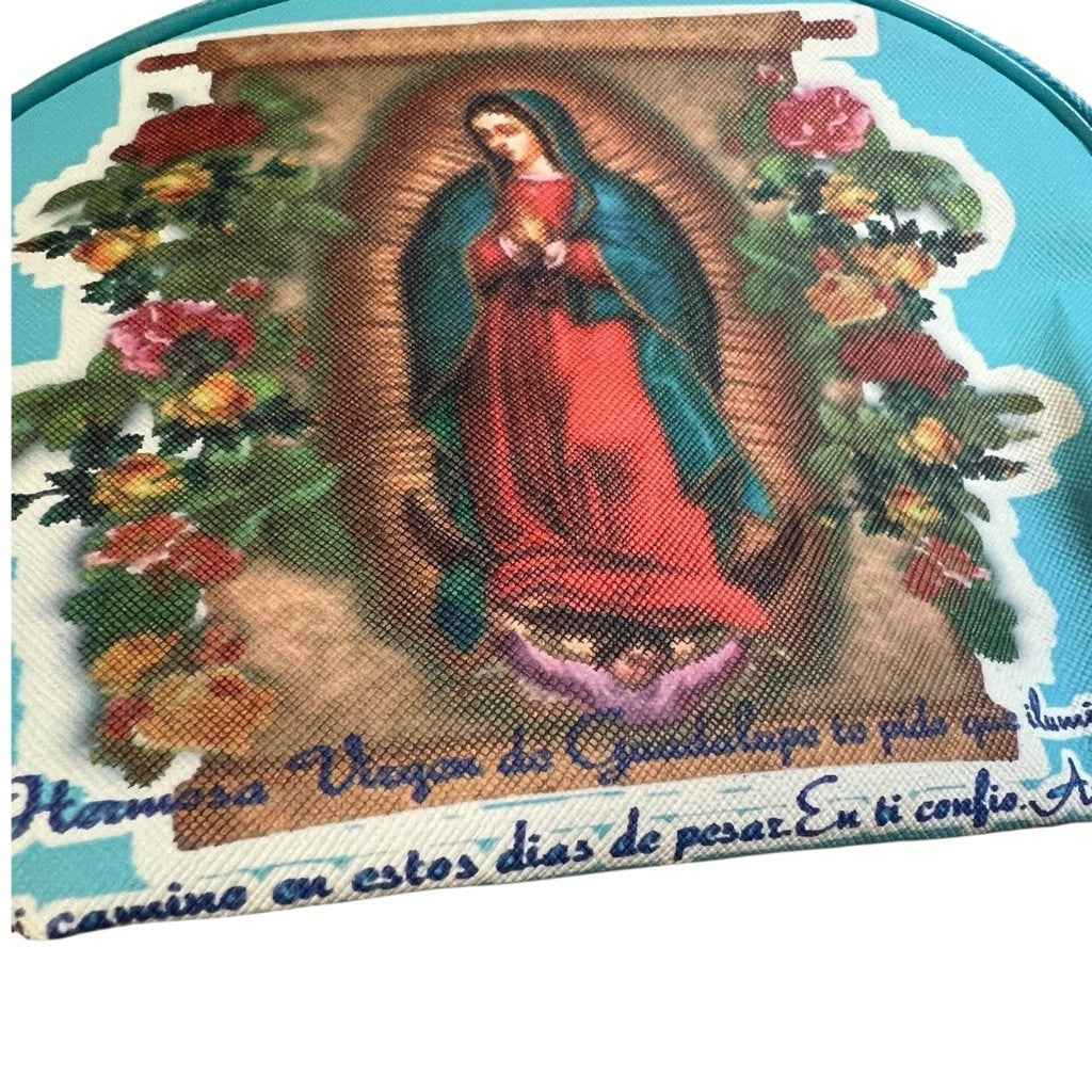 Turquoise Virgen de Guadalupe Makeup Bag with Zipper Travel Case 8x6 Inches