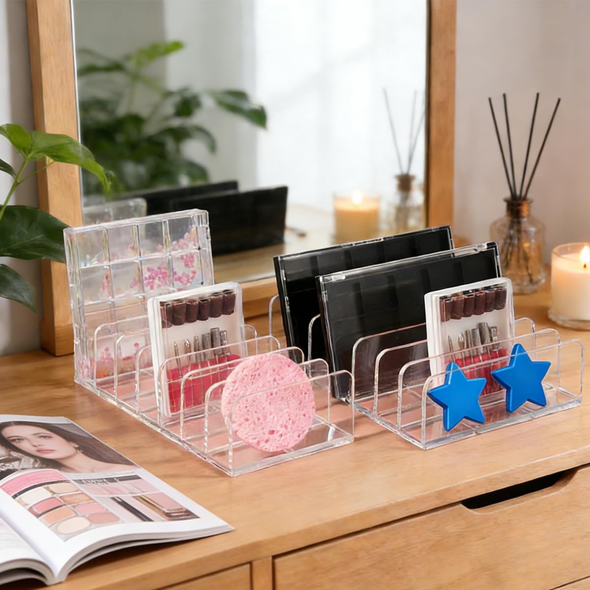 Acrylic Makeup Palette Organizer Set with 7 Compartments - Clear, Large & Small Sizes
