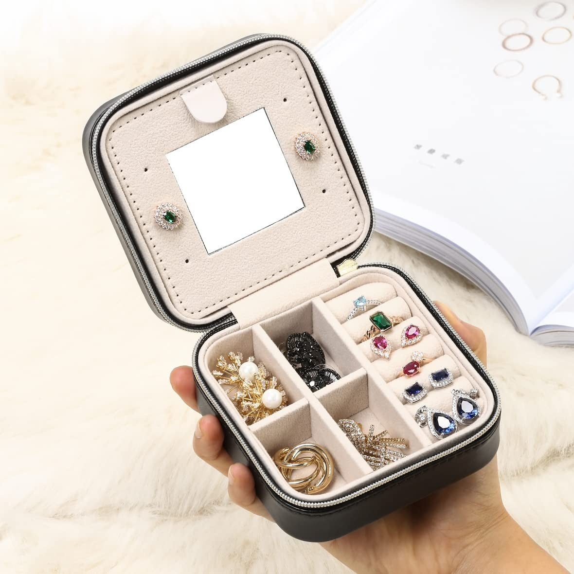 Travel Jewelry Case with Mirror - Compact Jewelry Organizer for Earrings, Rings, Necklaces - Black